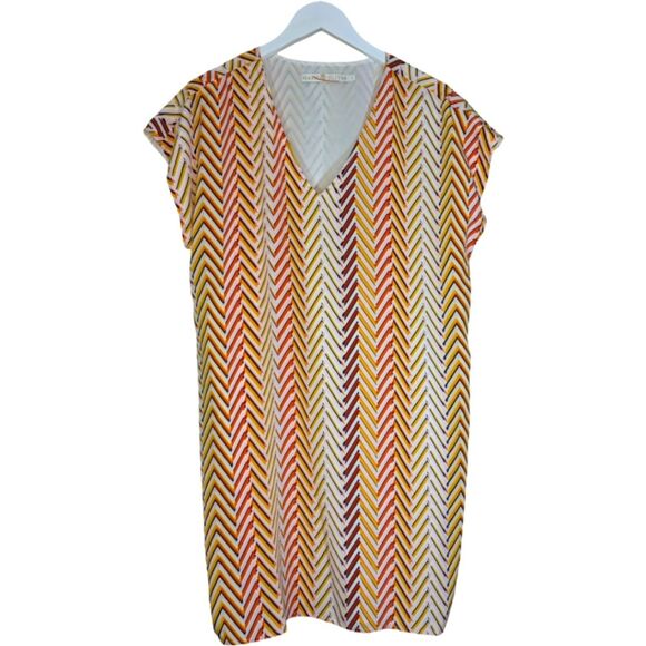 Marie Oliver Andi Silk shift dress Chevron stripe yellow orange white sz M - Picture 2 of 8